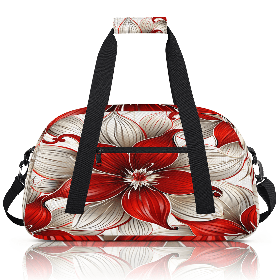 Herdesigns Red Floral Sports Duffle Bag for Women & Men, Modern Flowers Gym Bag Dance Bag Overnight Bag Carry On Weekender Travel Bag