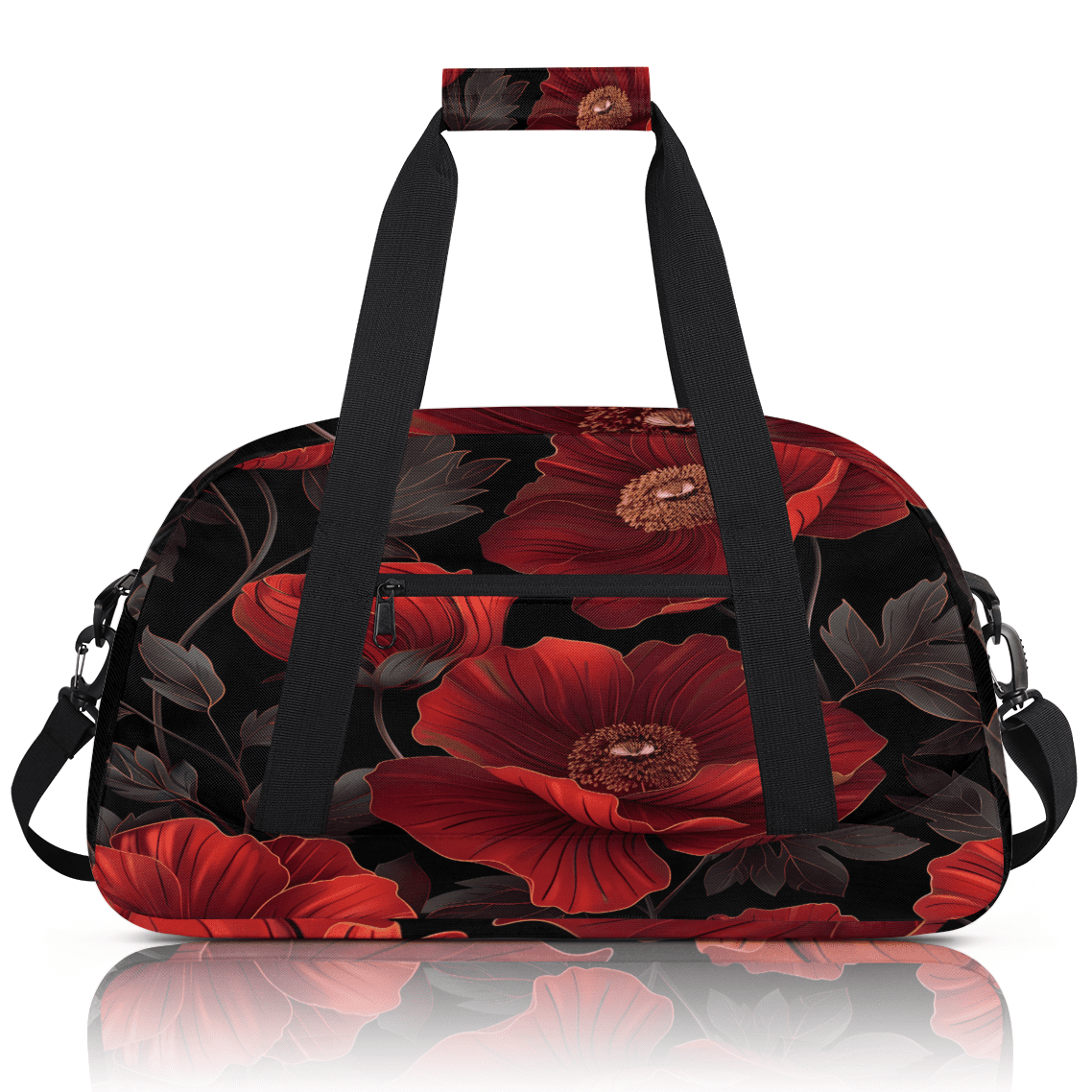 Herdesigns Red Floral Sports Duffle Bag for Women & Men, Poppy Gym Bag Dance Bag Overnight Bag Carry On Weekender Travel Bag