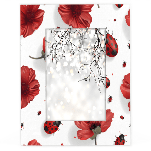 Herdesigns Red Ladybugs Poppy Floral 5x7 Picture Frame, Wood Photo Frame for Living Room Bedroom, Vertical & Horizontal Display