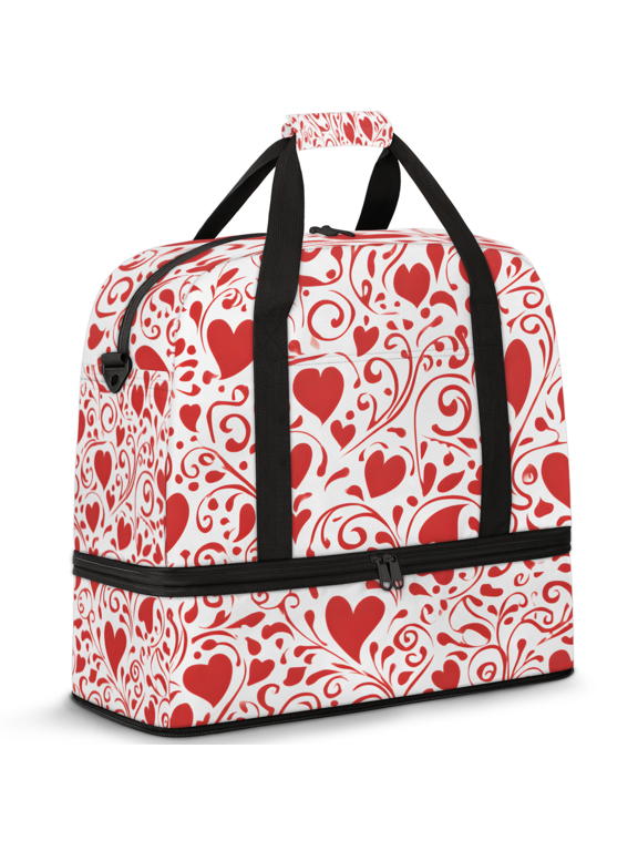 Red Love Foldable Travel Duffel Bag for Women Men, Valentine's Day Weekend Overnight Carry On Bags with Shoe Compartment