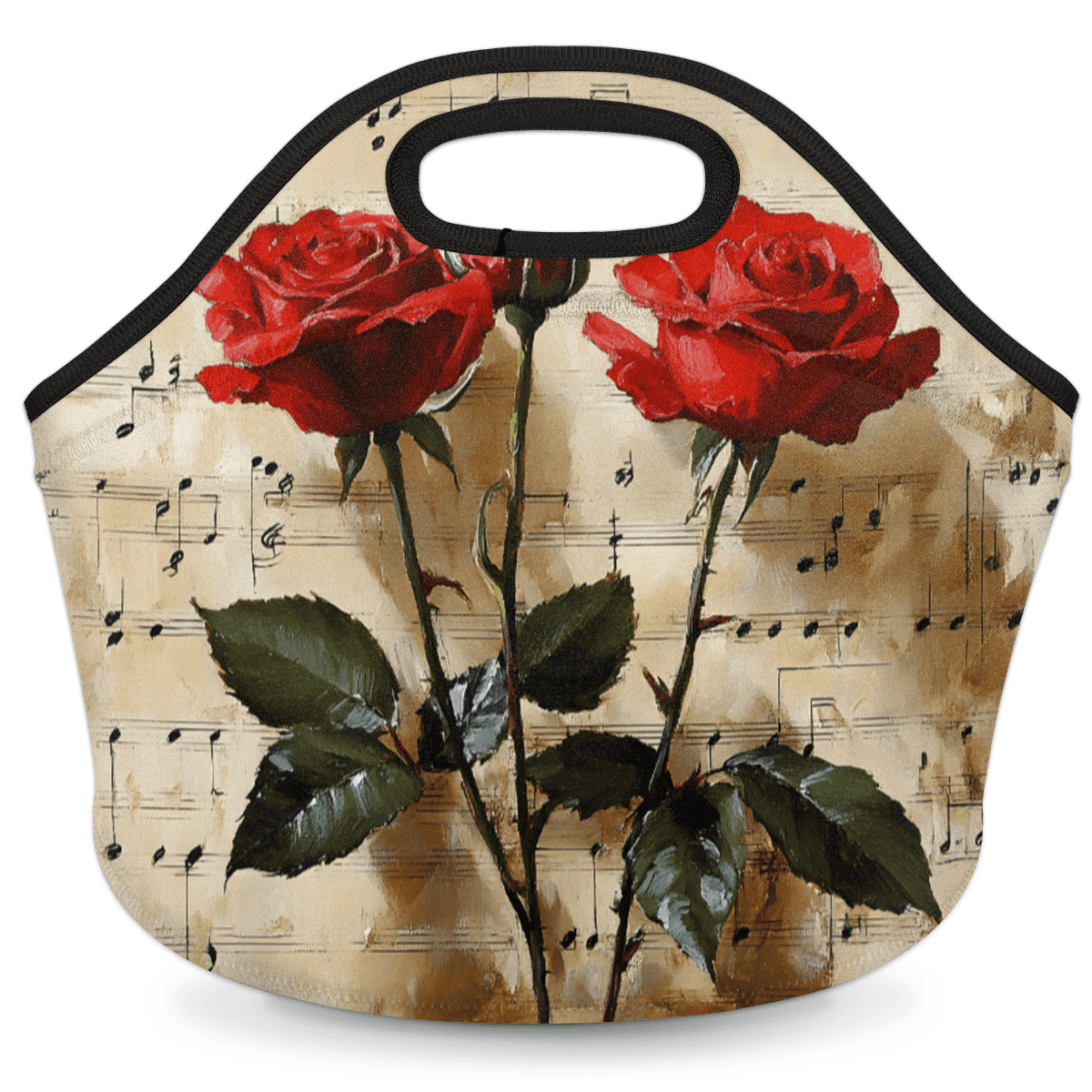 Herdesigns Red Rose Insulated Lunch Bag Neoprene Lunch Box for Women Men Soft Cooler Bag Rose Floral Washable Lunch Tote for Work Outdoor Picnic