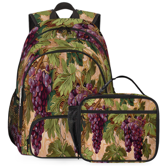 Herdesigns Retro Grapes Fruit Large Backpack Set with Lunch Box Lightweight Water Resistant Travel Laptop Backpacks Casual Daypacks for Women Men