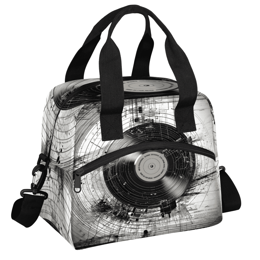 Herdesigns Retro Music Insulated Lunch Bag for Women Men Adults Large Reusable Lunch Box Music Records Leakproof Cooler Tote Bags with Adjustable Shoulder Strap