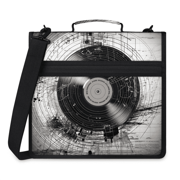 Herdesigns Retro Music Zipper Binder 1.5 Inch 3 D-Rings with Shoulder Strap & Handle, Waterproof Music Records Binder Organizer Bag for 13 Inch Laptop