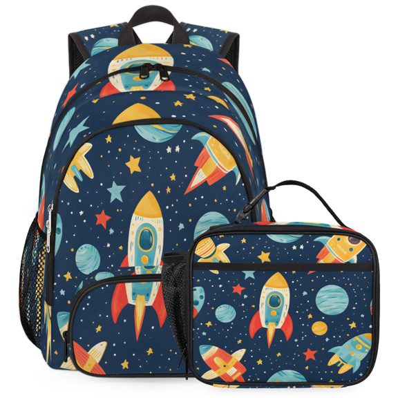 Herdesigns Rocket Backpack with Lunch Box Galaxy Star Lightweight Large Travel Work Laptop Backpacks Set Casual Daypacks