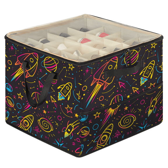 Herdesigns Rocket Planets Shoe Organizer for Closet, Large Shoe Storage Box, Stackable, Space Saving, Foldable, Outer Space Shoes Organizer Bin with Clear Cover, 4 Reinforced Handles
