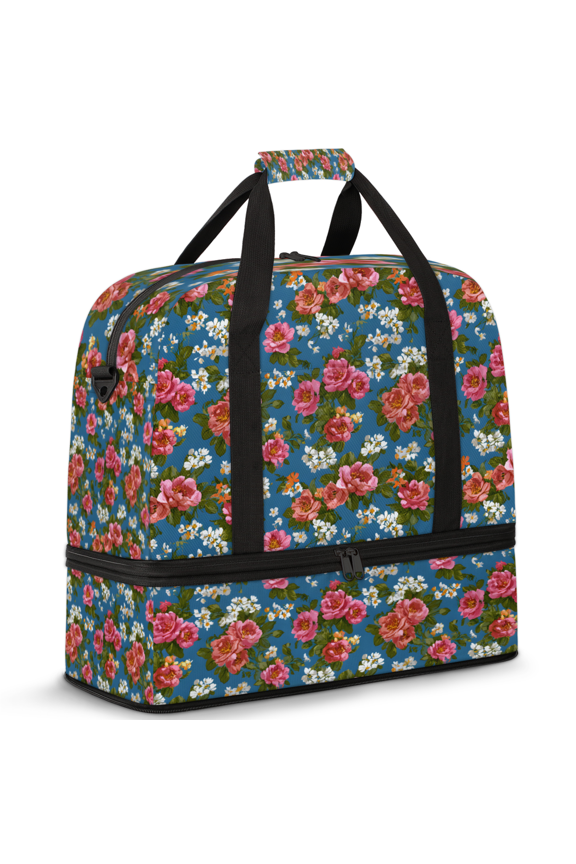 Rose Floral Foldable Travel Duffel Bag for Women Men, Spring Flowers Weekend Overnight Carry On Bags with Shoe Compartment