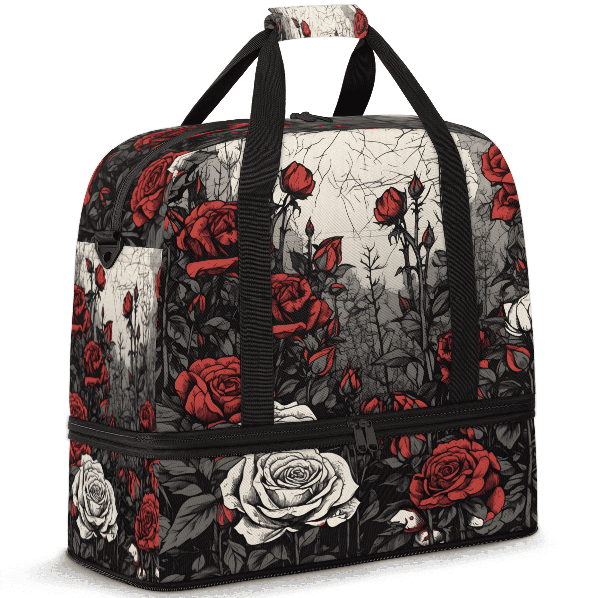 Herdesigns Rose Foldable Travel Duffle Bag for Women and Men Lightweight Carry On Overnight Bag Vintage Floral Flower Gym Luggage Weekender Bags with Shoe Compartment