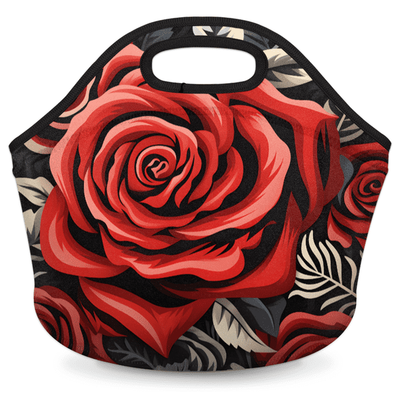 Herdesigns Rose Neoprene Lunch Bag, Bloom Flower Roses Red Insulated Lunch Box for Women Men Washable Lunch Tote Soft Lunch Container With Zipper for Work Picnic Travel