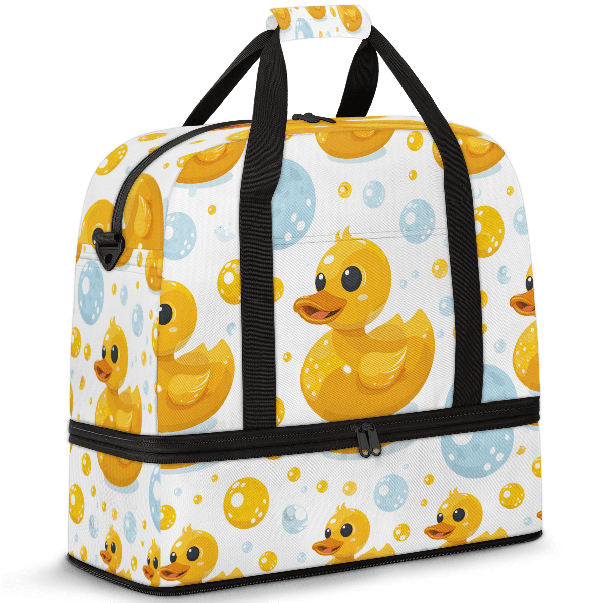 Herdesigns Rubber Duck Foldable Travel Duffel Bag for Women Men, Yellow Blue Bubble Weekend Overnight Carry On Bags with Shoe Compartment