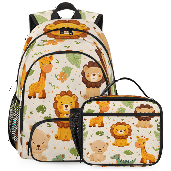 Herdesigns Safari Animals Backpack with Lunch Box Giraffe Lion Crocodile Lightweight Large Travel Work Laptop Backpacks Set Casual Daypacks