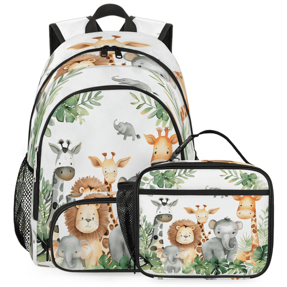 Herdesigns Safari Animals Watercolor Large Backpack Set with Lunch Box Lightweight Water Resistant Travel Laptop Backpacks Casual Daypacks for Women Men