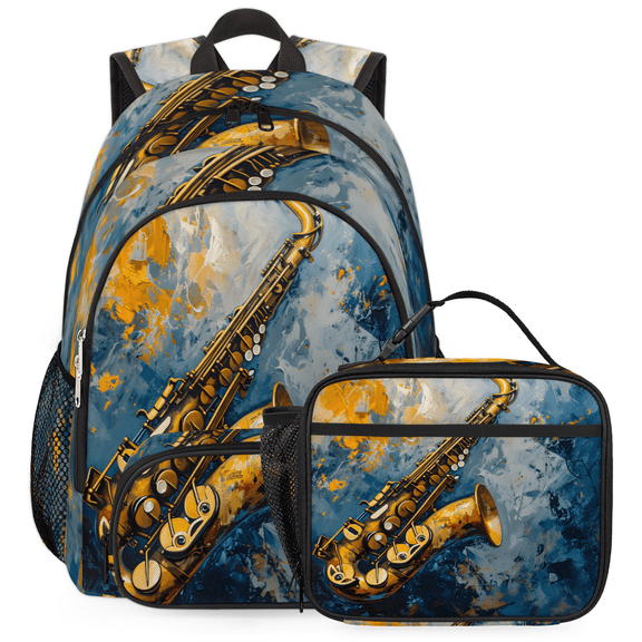 Herdesigns Saxophone Backpack with Lunch Box Vintage Lightweight Large Travel Work Laptop Backpacks Set Casual Daypacks