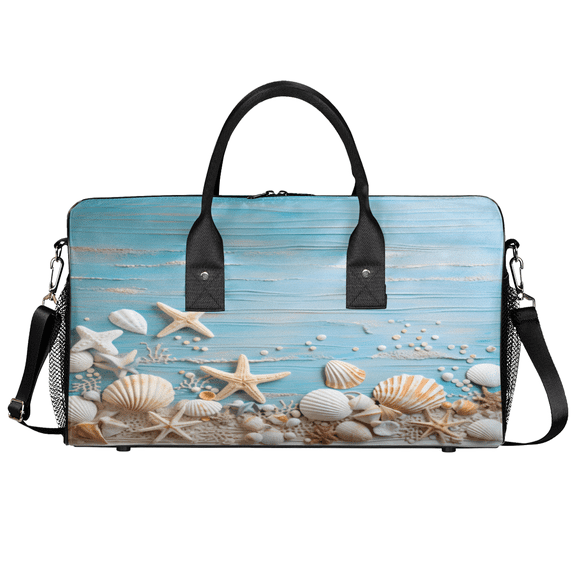 Herdesigns Sea Shell Starfish Beach Travel Gym Bag, Wooden Sports Duffle Bag Waterproof Lightweight Weekend Carry On Tote for Men Women