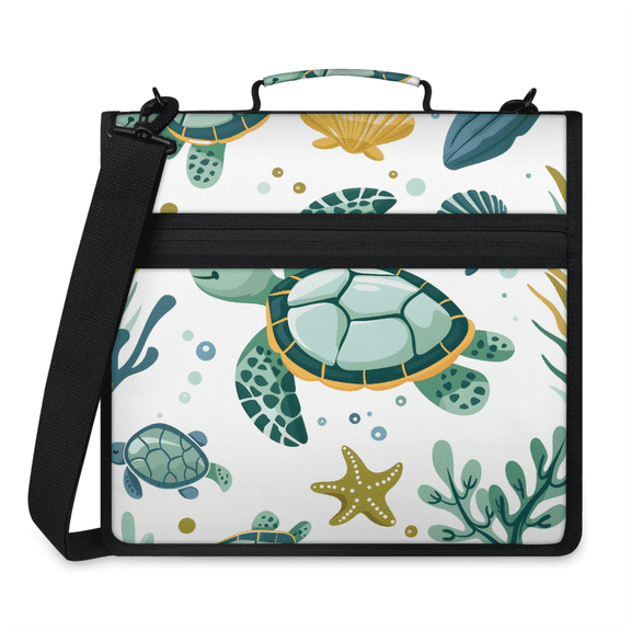 Herdesigns Sea Turtle Zipper Binder 1.5 Inch 3 D-Rings with Shoulder Strap & Handle, Waterproof Nautical Binder Organizer Bag for 13 Inch Laptop