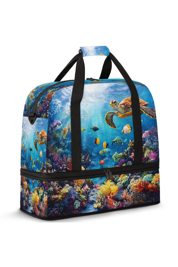 Sea Turtles Foldable Travel Duffel Bag for Women Men, Gym Tote Bags with Shoe Compartment, Ocean Animal Waterproof Carry On Weekend Overnight Bag