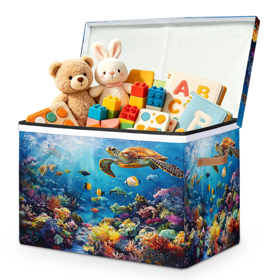 Herdesigns Sea Turtles Large Toy Storage Organizer with Lid, Sturdy Collapsible Toy Chest Storage Box, Toys Bin with Dividers for Kids, Nursery, Bedroom, Playroom 25" x 13" x 16"