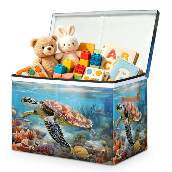 Herdesigns Sea Turtles Ocean Animal Large Toy Box Chest Storage with Lid & Divider, Collapsible Toy Container Bin for Boys Girls, Nursery Room Playroom, 25 x 13 x 16 Inch