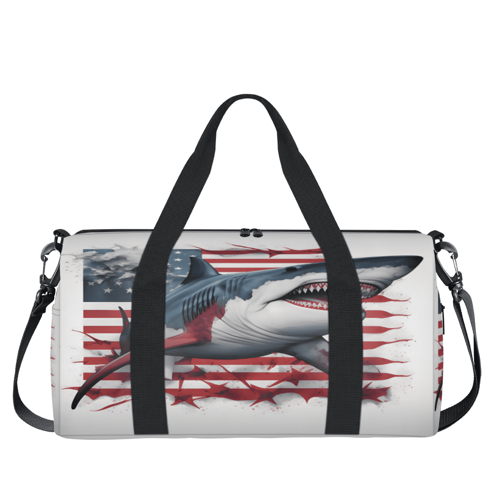 Herdesigns Shark American Flag Gym Bag for Women, Duffle Bag for Travel Sport, Lightweight Waterproof Carry on Weekender Overnight Dance Yoga Workout Bags
