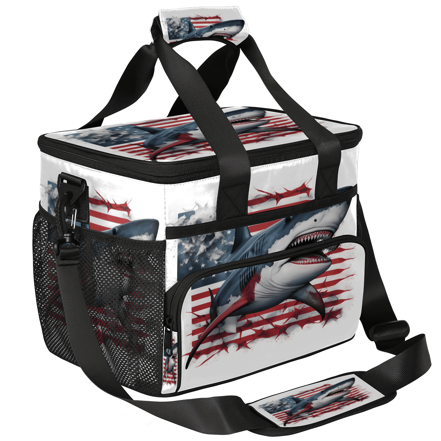 Herdesigns Shark American Flag Large Lunch Box for Adults Women Men with Adjustable Shoulder Strap, Insulated Reusable Lunch Bag Leakproof Cooler Tote Bag
