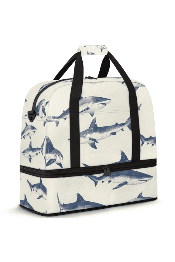 Shark Print Foldable Travel Duffel Bag for Women Men, Gym Tote Bags with Shoe Compartment, Waterproof Carry On Weekend Overnight Bag
