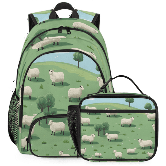 Herdesigns Sheep Backpack with Lunch Box Farm Animal Lightweight Large Travel Work Laptop Backpacks Set Casual Daypacks