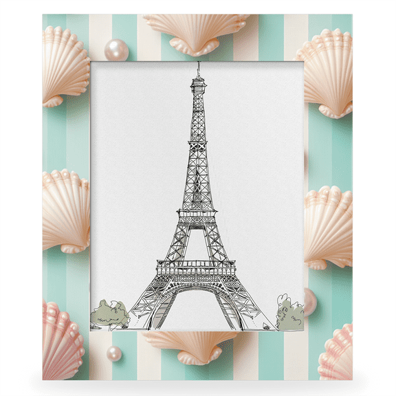 Herdesigns Shell Pearl 8x10 Picture Frame, Teal White Stripe Wood Photo Frame for Wall & Tabletop, Vertical & Horizontal Display Home Decor