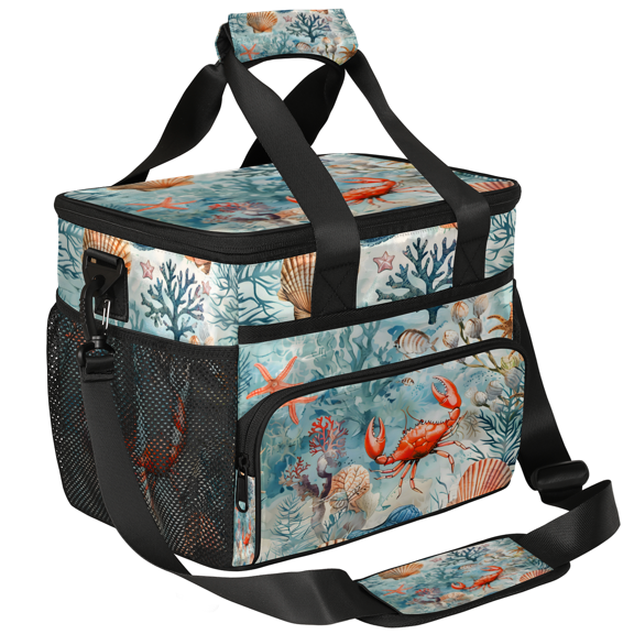Herdesigns Shells Starfish Crab Large Lunch Box for Adults Women Men with Adjustable Shoulder Strap, Insulated Reusable Lunch Bag Leakproof Cooler Tote Bag