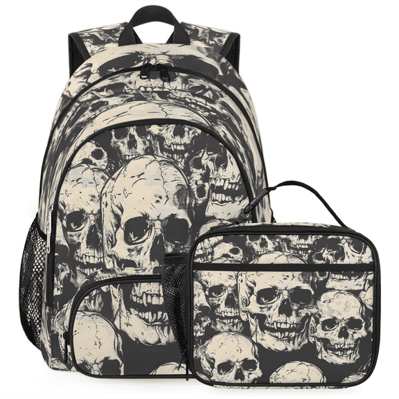 Herdesigns Skeleto Gothothic Skull Large Backpack Set with Lunch Box Lightweight Water Resistant Travel Laptop Backpacks Casual Daypacks for Women Men