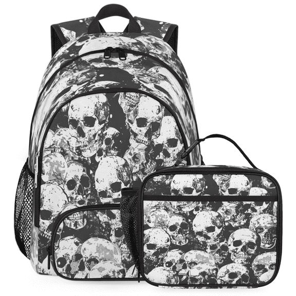 Herdesigns Skull Black White Skeleton Large Backpack Set with Lunch Box Lightweight Water Resistant Travel Laptop Backpacks Casual Daypacks for Women Men
