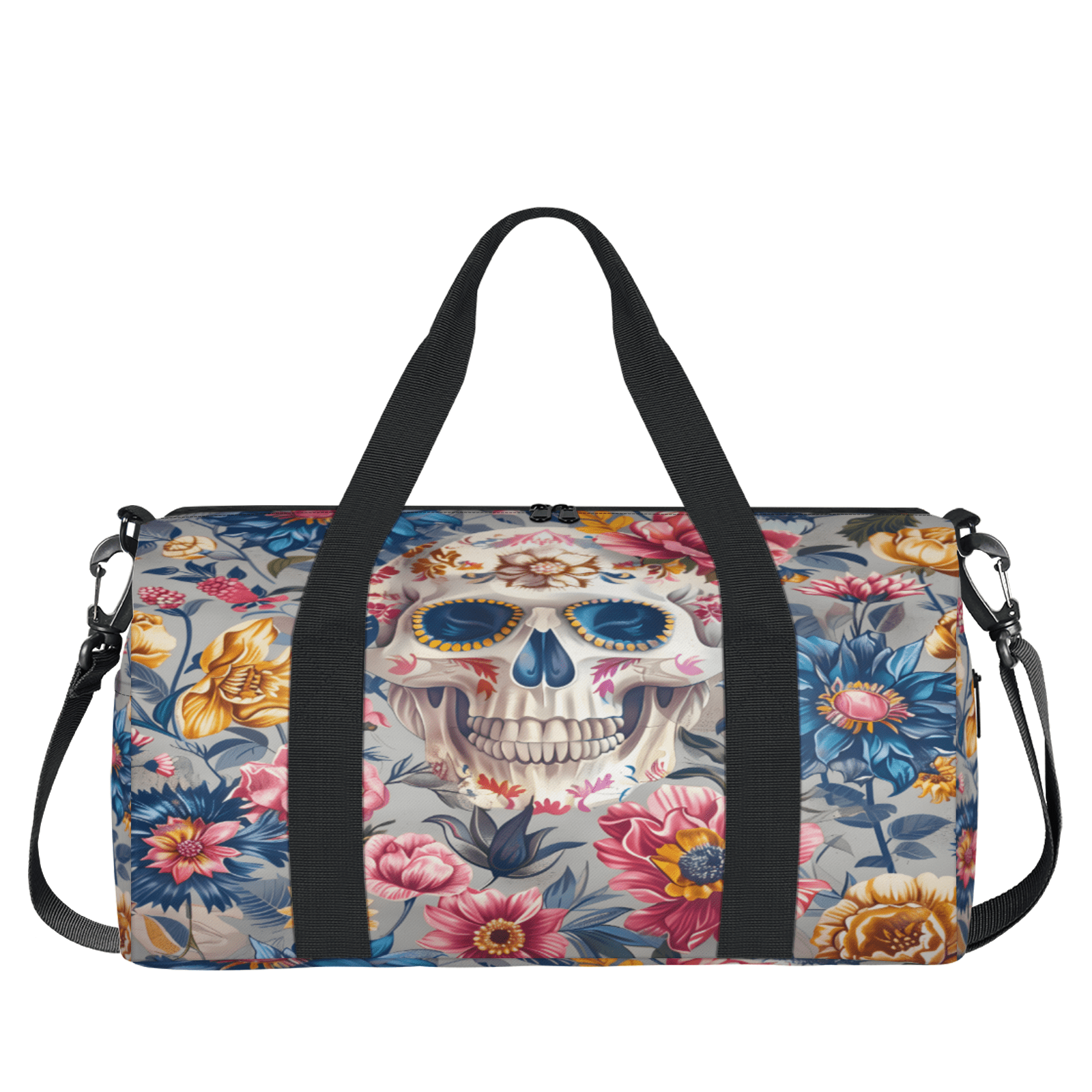 Herdesigns Skull Floral Travel Duffle Bag Sports Yoga Weekender Overnight Carry on Workout Bags Lightweight Waterproof Gym Tote Bag for Women Skeleton Floral Day of The Dead