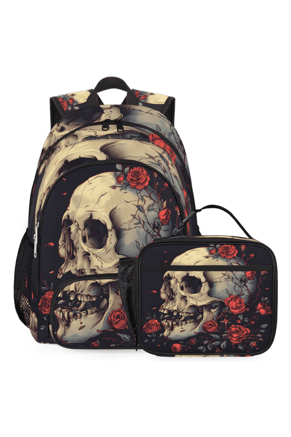 Skull Gothic Backpack with Lunch Box Vintage Floral Lightweight Large Travel Work Laptop Backpacks Set Casual Daypacks
