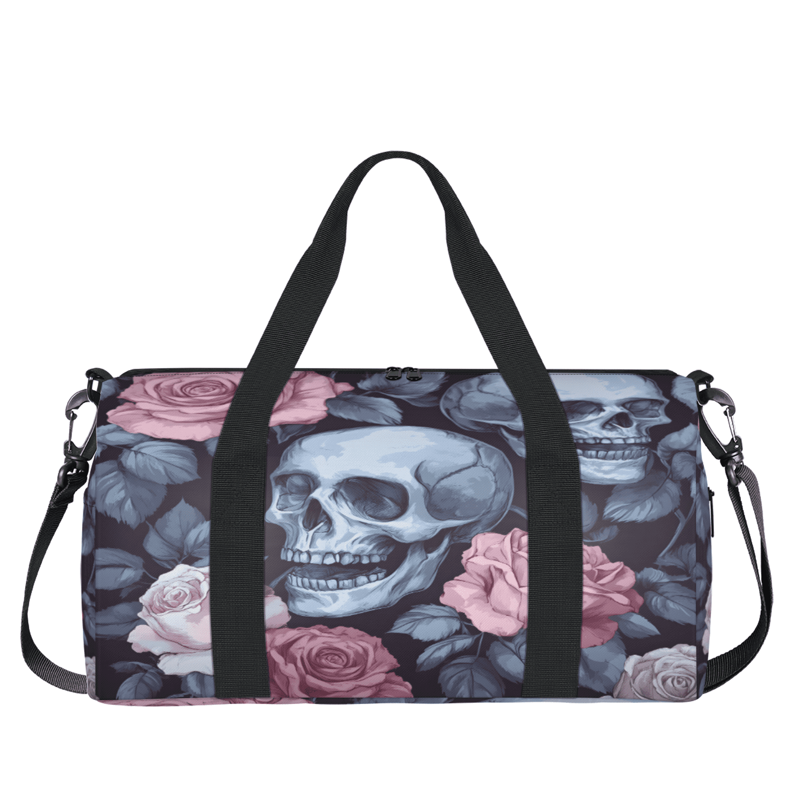 Herdesigns Skull Gothic Travel Duffle Bag Sports Yoga Weekender Overnight Carry on Workout Bags Lightweight Waterproof Gym Tote Bag for Women Floral Flower Rose