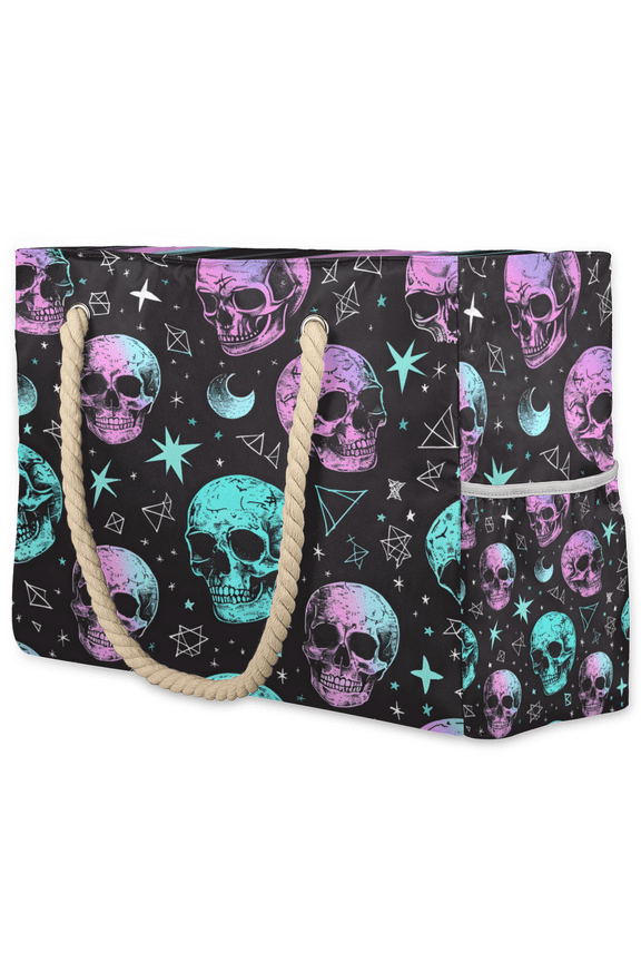 Skull Tote Beach Bag for Women Ladies Large Zipper Beach Bags Skeleton Waterproof Sandproof Sports Gym Swim Pool Travel Bag