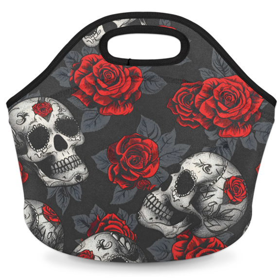 Herdesigns Skulls And Roses Insulated Neoprene Lunch Bag for Women Men Lunch Box Washable Reusable Lunch Tote Lightweight Lunch Handbag for Work Outdoor Picnic
