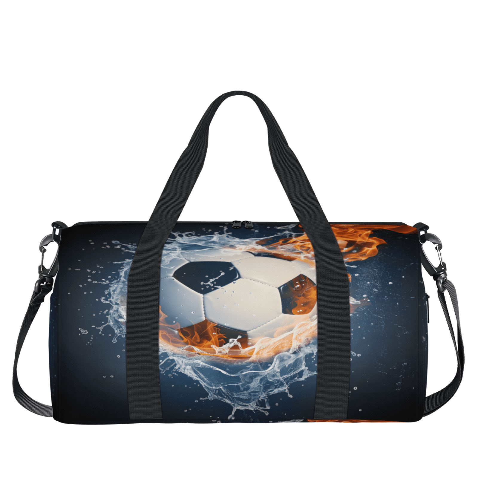 Herdesigns Soccer Ball On Fire And Water Travel Duffle Bag Sports Yoga Weekender Overnight Carry on Workout Bags Lightweight Waterproof Gym Tote Bag for Women