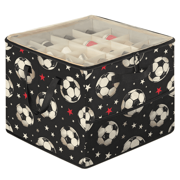 Herdesigns Soccer Sports Shoe Organizer for Closet, Large Shoe Storage Box, Stackable, Space Saving, Foldable, Star Shoes Organizer Bin with Clear Cover, 4 Reinforced Handles