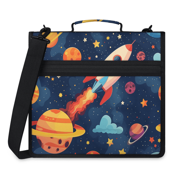 Herdesigns Space Cartoon Planet Zipper Binder with Shoulder Strap, Waterproof 1.5 Inch 3 D-Ring Binder Organizer Bag, Fits 13 Inch Laptop for Work,