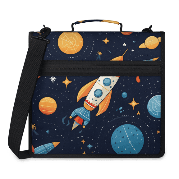 Herdesigns Space Rocket Galaxy Zipper Binder with Shoulder Strap, Waterproof 1.5 Inch 3 D-Ring Binder Organizer Bag, Fits 13 Inch Laptop for Work,