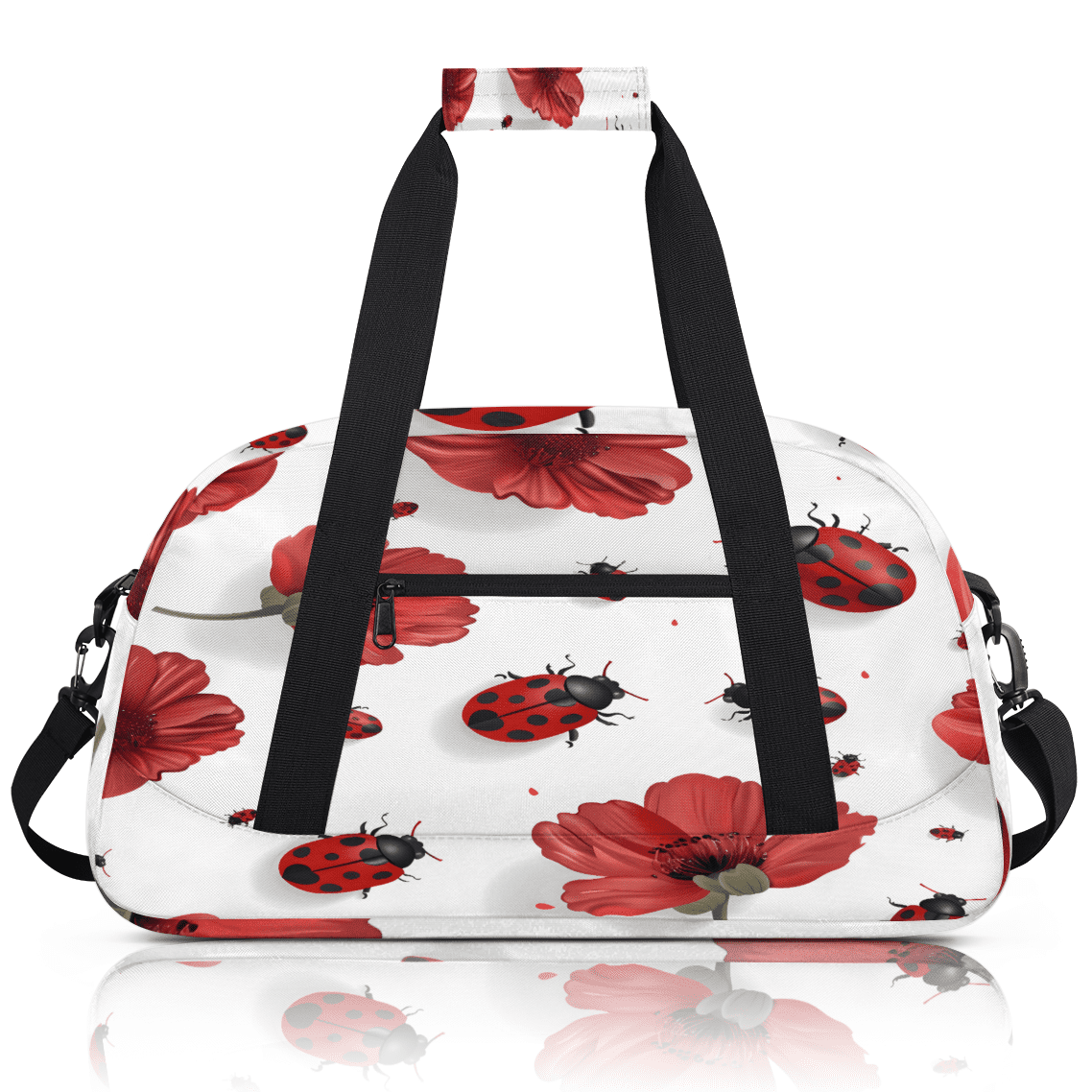 Herdesigns Sports Duffle Bags Travel Duffle Bag Gym Bag Red Ladybugs Poppy Floral Weekender Travel Bag Waterproof Overnight Bag Carry On Travel Tote Bag Dance Bags