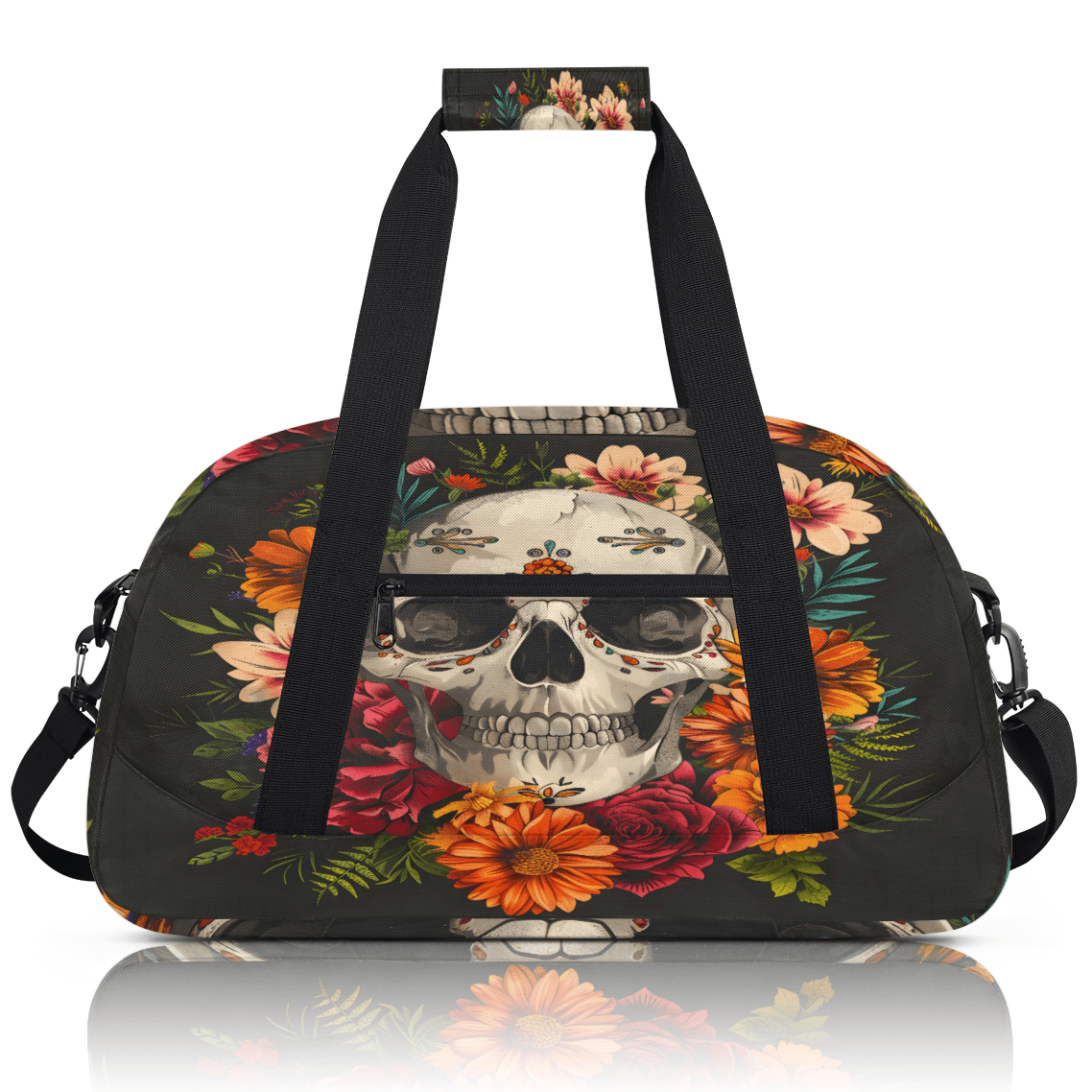 Herdesigns Sports Duffle Bags Travel Duffle Bag Gym Bag Sugar Flower Skull Floral Gothic Weekender Travel Bag Waterproof Overnight Bag Carry On Travel Tote Bag Dance Bags