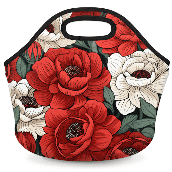 Herdesigns Spring Summer Neoprene Lunch Bag, Red Floral Insulated Lunch Box for Women Men Washable Lunch Tote Soft Lunch Container With Zipper for Work Picnic Travel