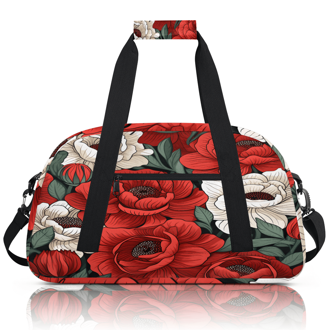 Herdesigns Spring Summer Sports Duffle Bag for Women & Men, Red Floral Gym Bag Dance Bag Overnight Bag Carry On Weekender Travel Bag