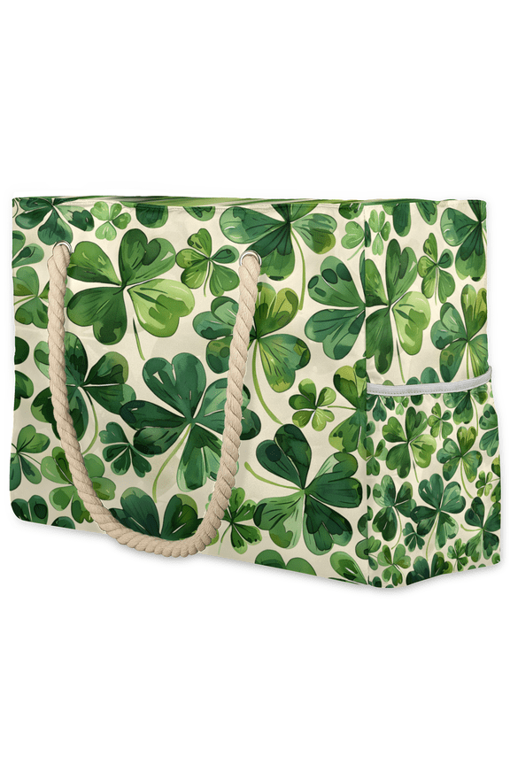 St. Patrick's Day Clover Tote Beach Bag for Women Ladies with Zipper Green Shamrock Irish Large Waterproof Sandproof Swim Pool Bag