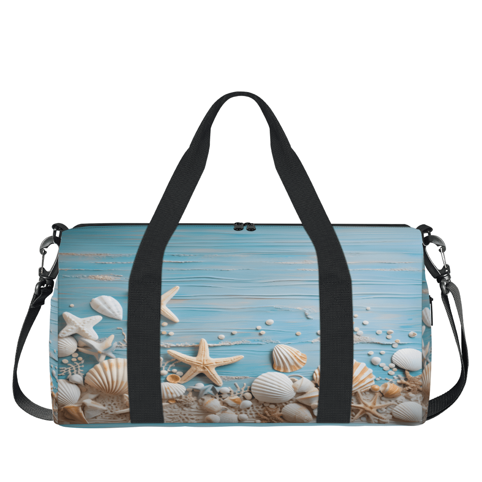 Herdesigns Starfish and Seashells Blue Gym Bag for Women, Duffle Bag for Travel Sport, Beach Coastal Nautical Lightweight Waterproof Carry on Weekender Dance Yoga Workout Bags