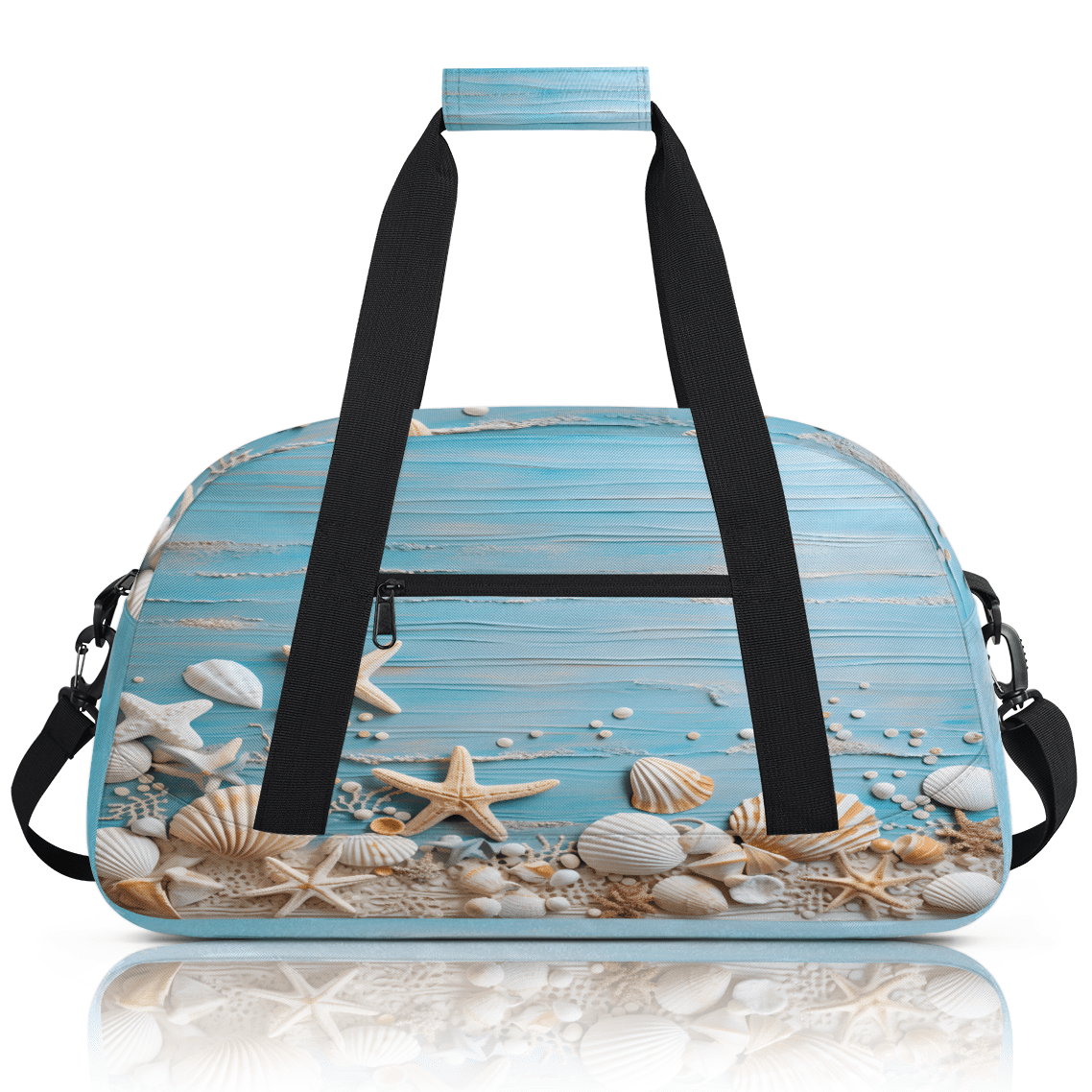 Herdesigns Starfish and Seashells Blue Sports Duffle Bag for Women & Men, Beach Coastal Nautical Gym Bag Dance Bag Overnight Bag Carry On Weekender Travel Bag