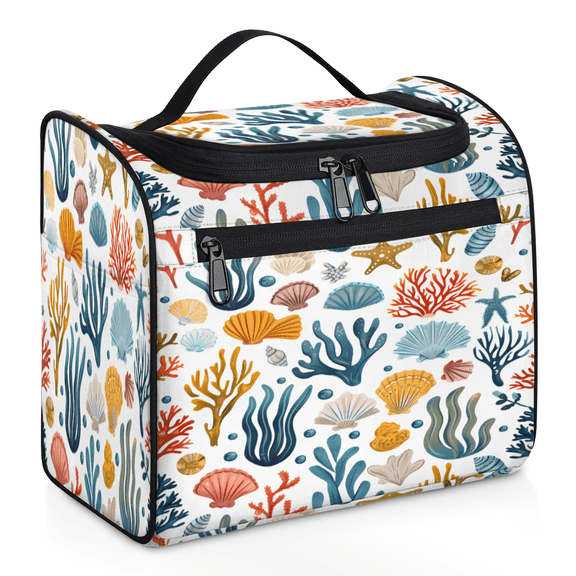 Herdesigns Starfish and Seashells Hanging Toiletry Bag for Women, Beach Coastal Nautical Waterproof Makeup Organizer Cosmetic Travel Bag for Accessories