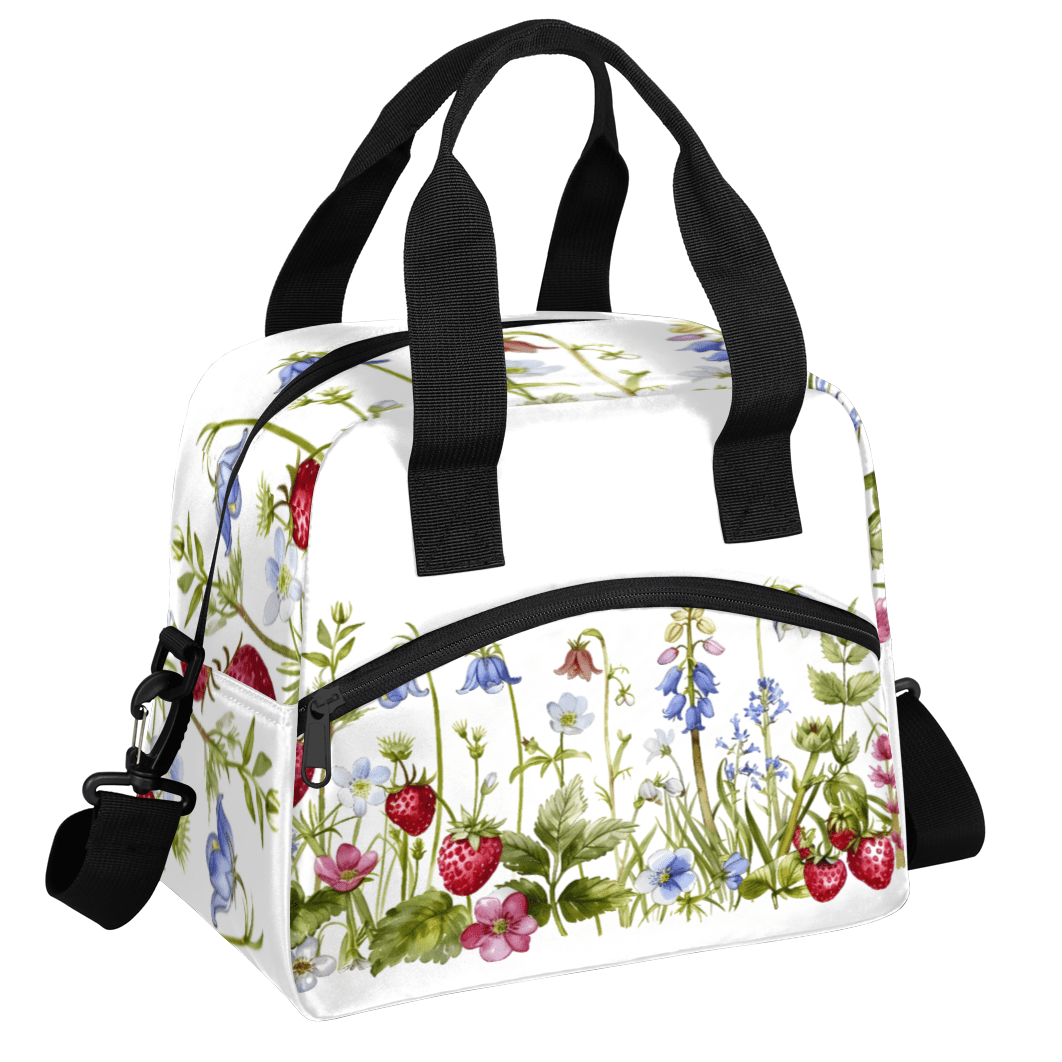 Herdesigns Strawberries And Wildflowers Insulated Lunch Bag for Women Men Adults Large Reusable Lunch Box Leakproof Portable Cooler Tote Bags with Adjustable Shoulder Strap