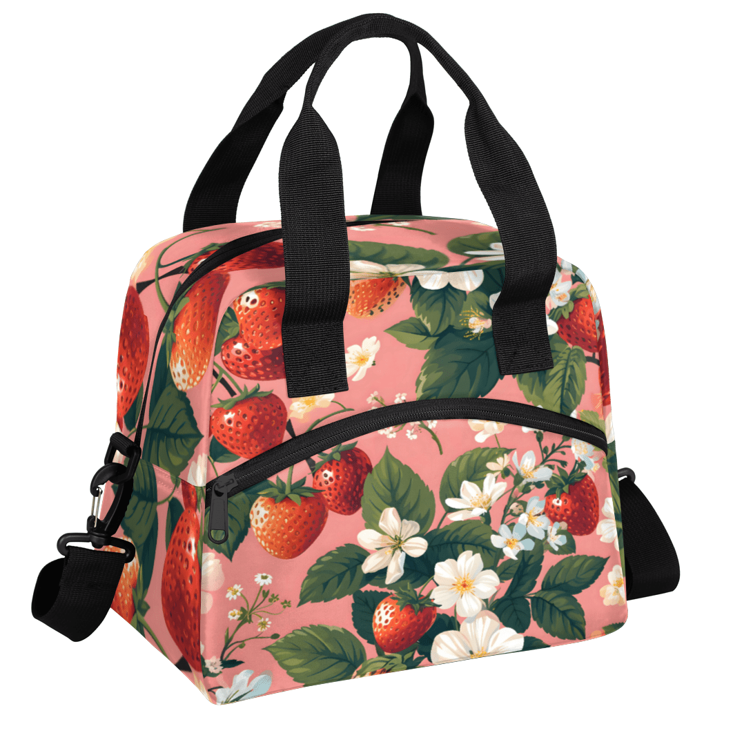 Herdesigns Strawberry Flower Insulated Lunch Bag for Women Men Adults Large Reusable Lunch Box Leakproof Portable Cooler Tote Bags with Adjustable Shoulder Strap