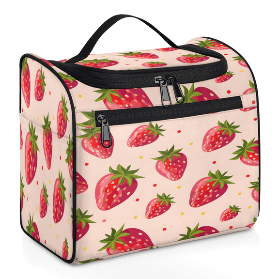 Herdesigns Strawberry Hanging Toiletry Bag for Women, Strawberries Waterproof Makeup Organizer Cosmetic Travel Bag for Accessories